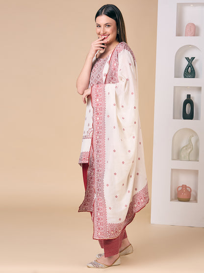 Ethnic Floral Woven Straight Fit Kurta with Salwar and Dupatta - Off White