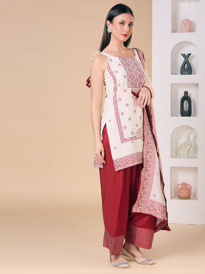 Ethnic Floral Woven Straight Fit Kurta with Salwar and Dupatta - Off White