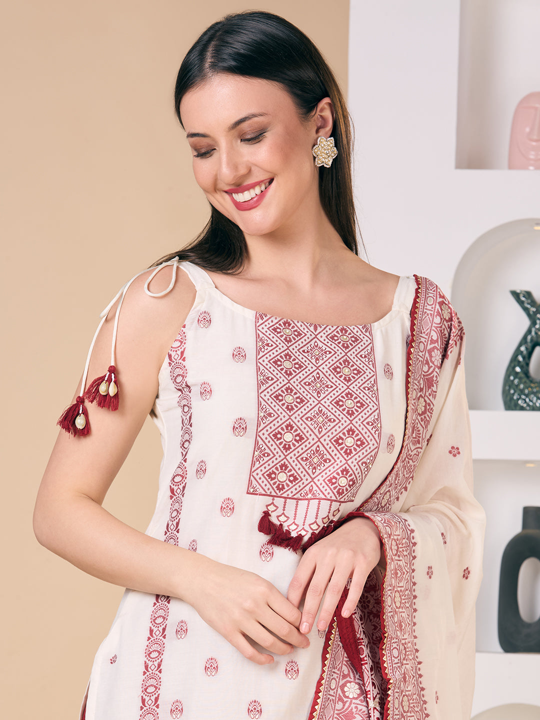Ethnic Floral Woven Straight Fit Kurta with Salwar and Dupatta - Off White