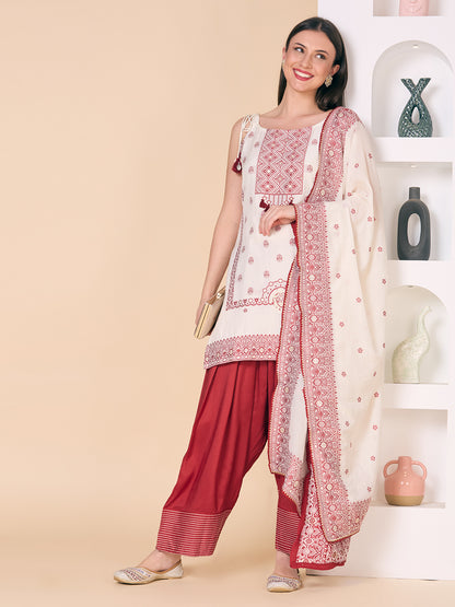 Ethnic Floral Woven Straight Fit Kurta with Salwar and Dupatta - Off White