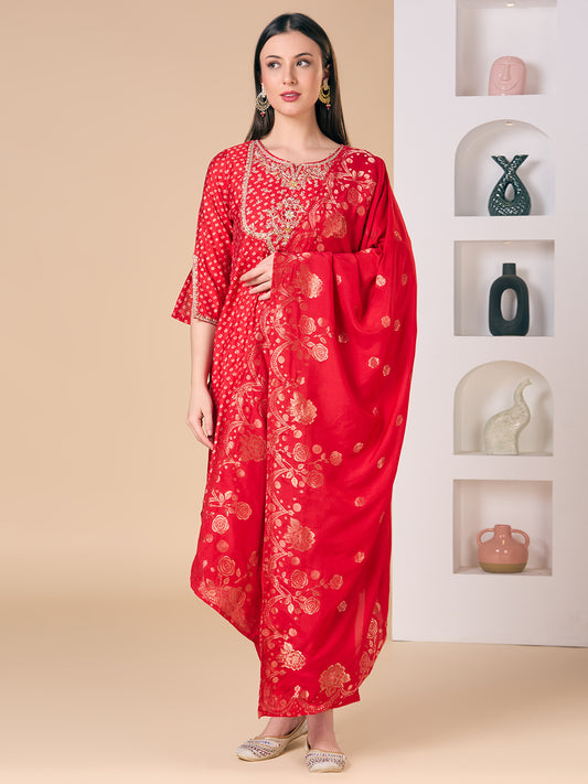 Bandhani Printed Embroidered Straight Fit Kurta with Pant and Dupatta - Red