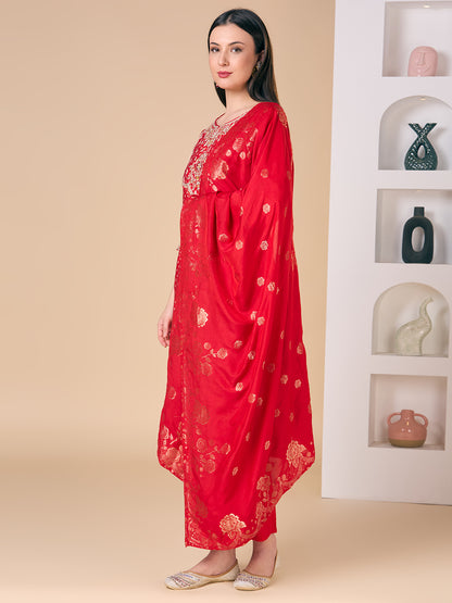 Bandhani Printed Embroidered Straight Fit Kurta with Pant and Dupatta - Red