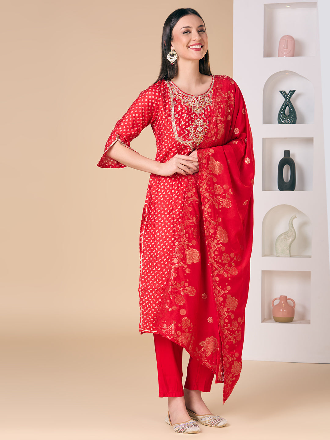 Bandhani Printed Embroidered Straight Fit Kurta with Pant and Dupatta - Red