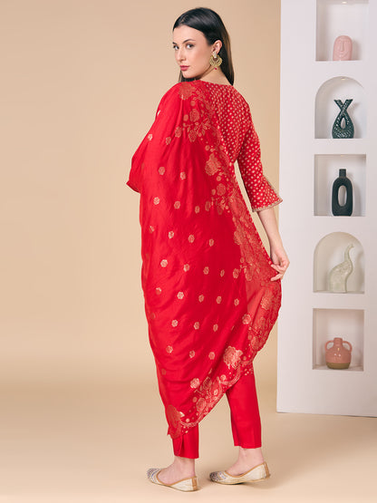 Bandhani Printed Embroidered Straight Fit Kurta with Pant and Dupatta - Red