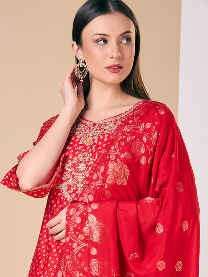 Bandhani Printed Embroidered Straight Fit Kurta with Pant and Dupatta - Red