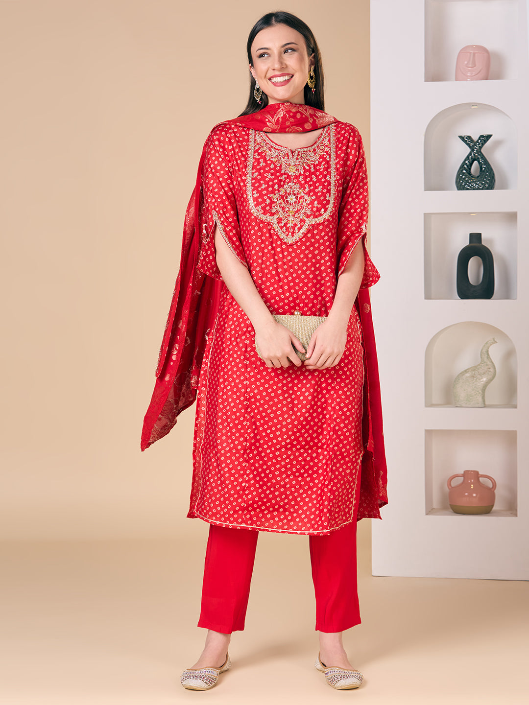 Bandhani Printed Embroidered Straight Fit Kurta with Pant and Dupatta - Red