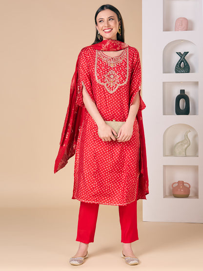 Bandhani Printed Embroidered Straight Fit Kurta with Pant and Dupatta - Red