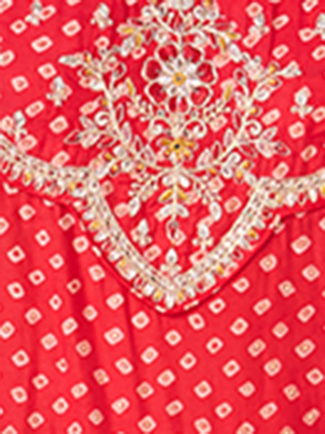 Bandhani Printed Embroidered Straight Fit Kurta with Pant and Dupatta - Red