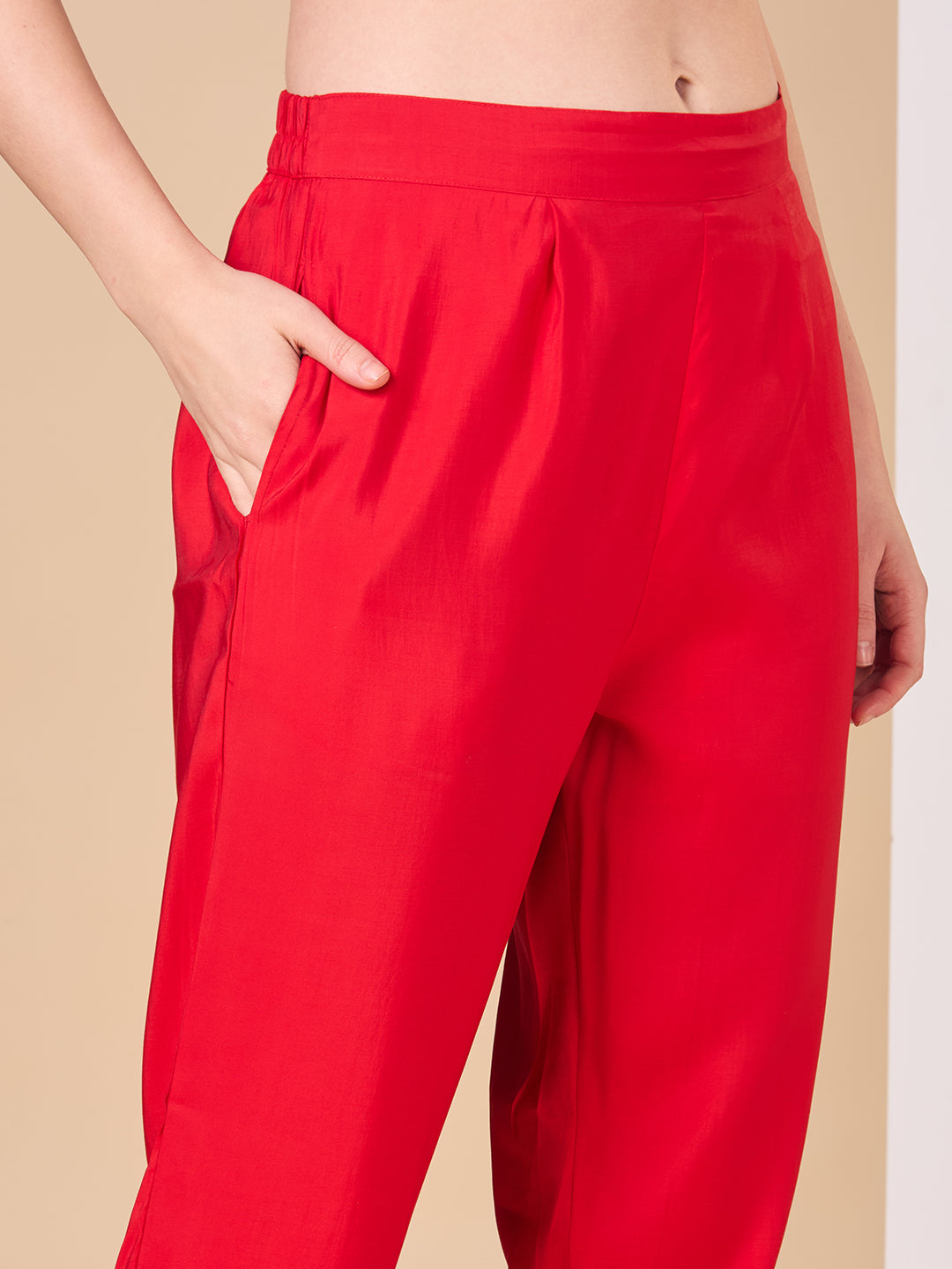 Bandhani Printed Embroidered Straight Fit Kurta with Pant and Dupatta - Red