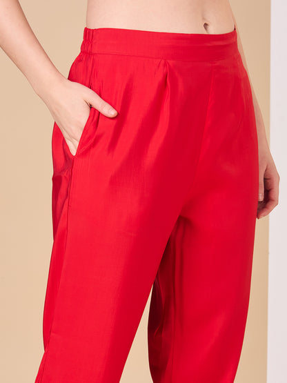 Bandhani Printed Embroidered Straight Fit Kurta with Pant and Dupatta - Red