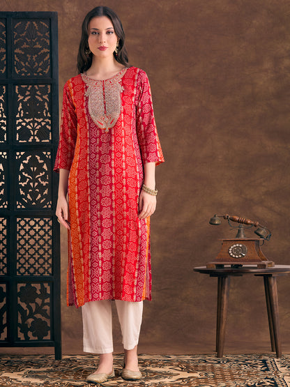 Bandhani Printed Embroidered Straight Fit Kurta - Multi