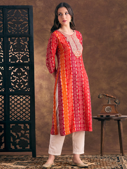 Bandhani Printed Embroidered Straight Fit Kurta - Multi