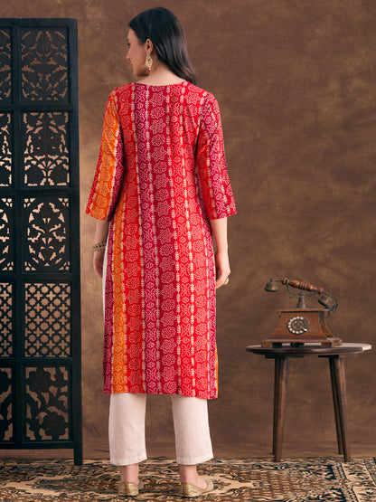 Bandhani Printed Embroidered Straight Fit Kurta - Multi