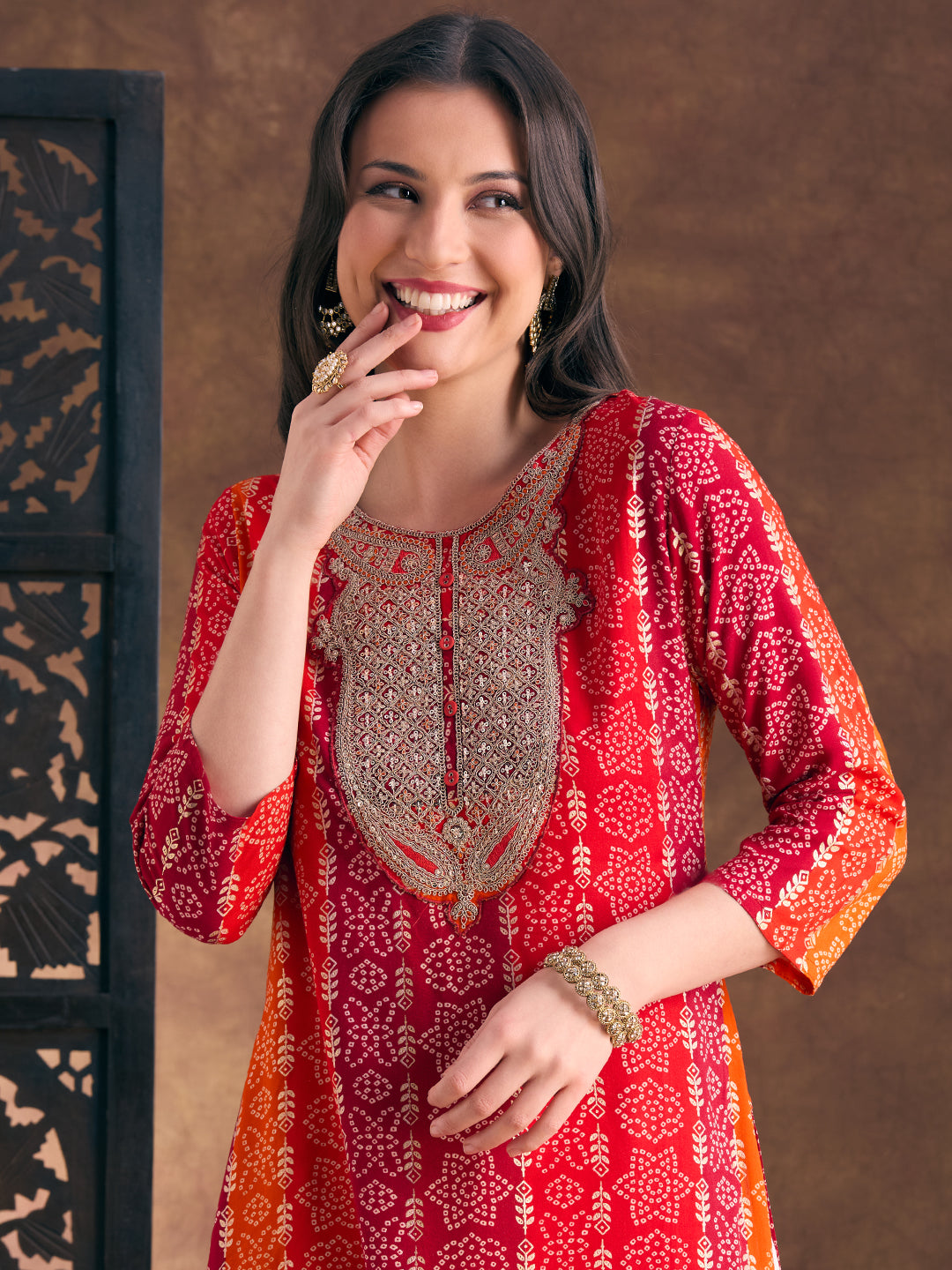 Bandhani Printed Embroidered Straight Fit Kurta - Multi