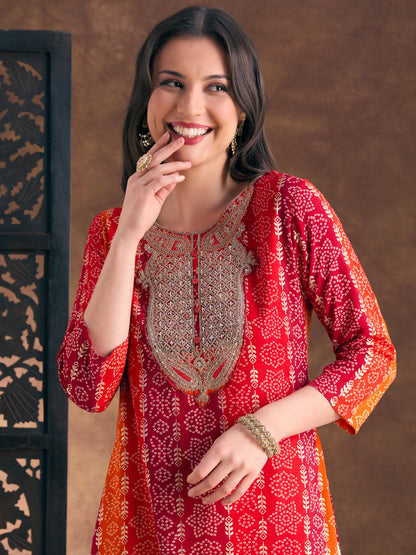 Bandhani Printed Embroidered Straight Fit Kurta - Multi