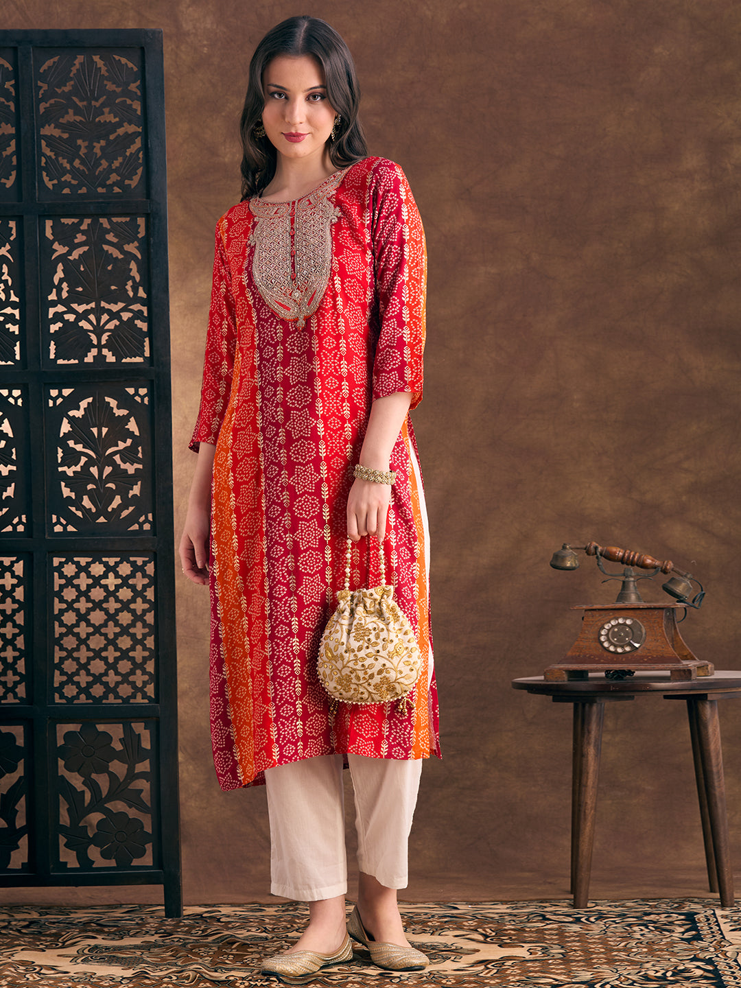 Bandhani Printed Embroidered Straight Fit Kurta - Multi