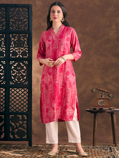 Abstract Floral Printed Straight Fit Kurta - Pink