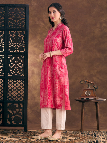 Abstract Floral Printed Straight Fit Kurta - Pink