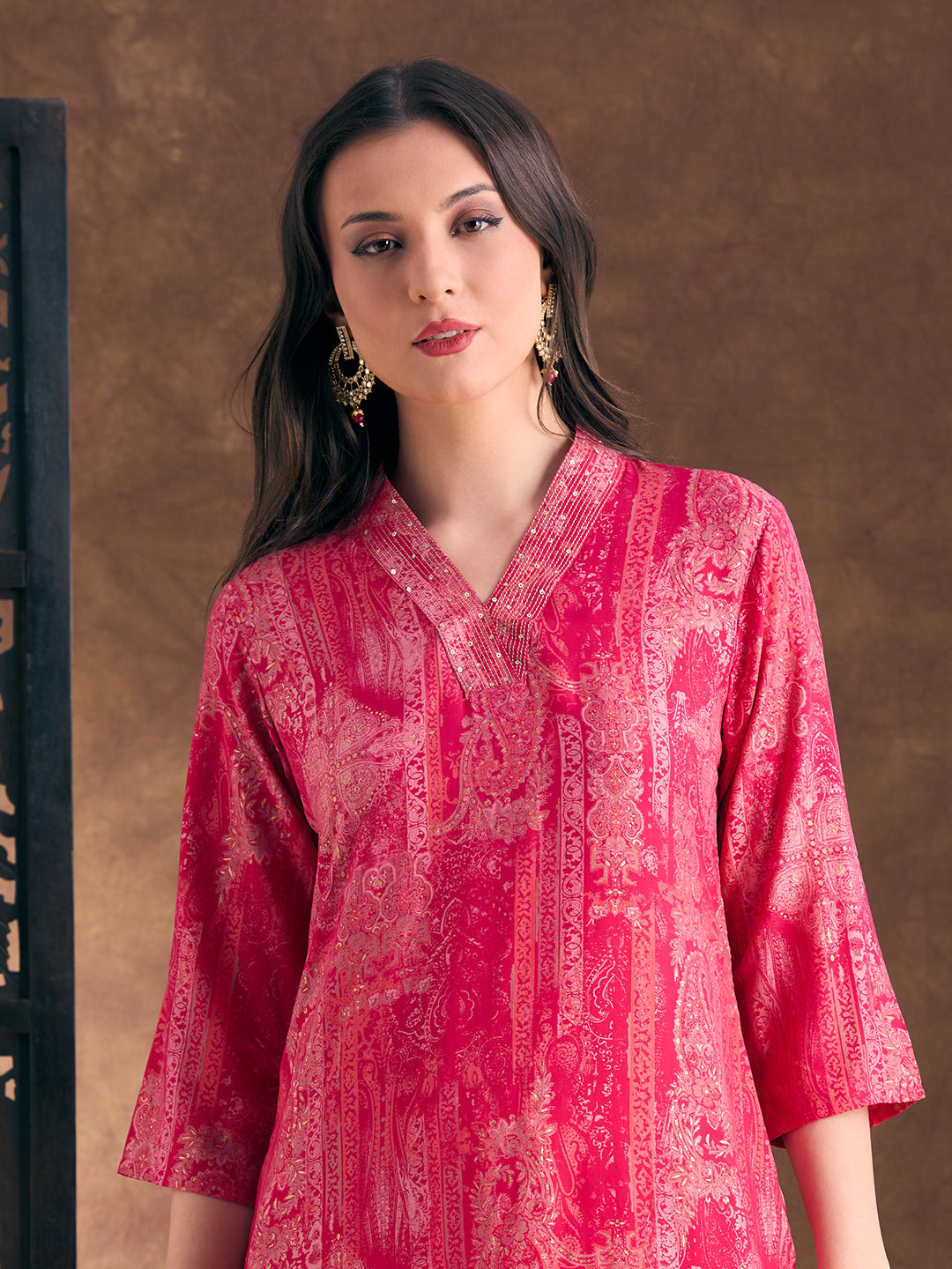 Abstract Floral Printed Straight Fit Kurta - Pink