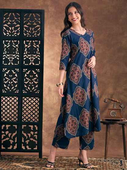 Ethnic Floral Printed A-Line Co-ord Set - Navy Blue