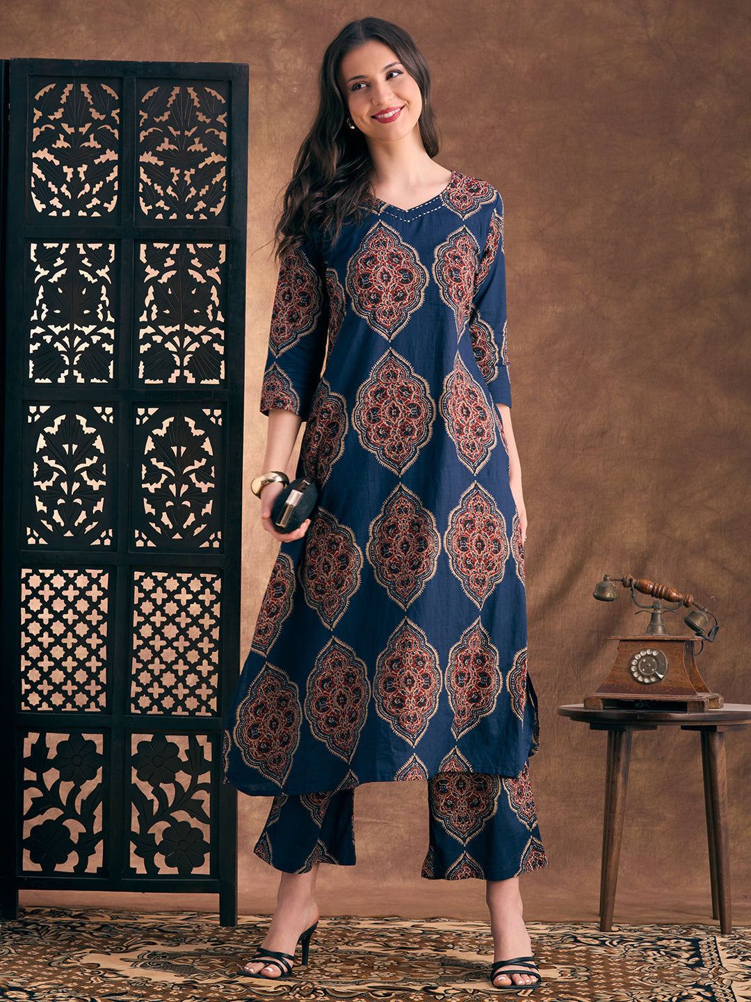 Ethnic Floral Printed A-Line Co-ord Set - Navy Blue