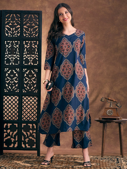 Ethnic Floral Printed A-Line Co-ord Set - Navy Blue