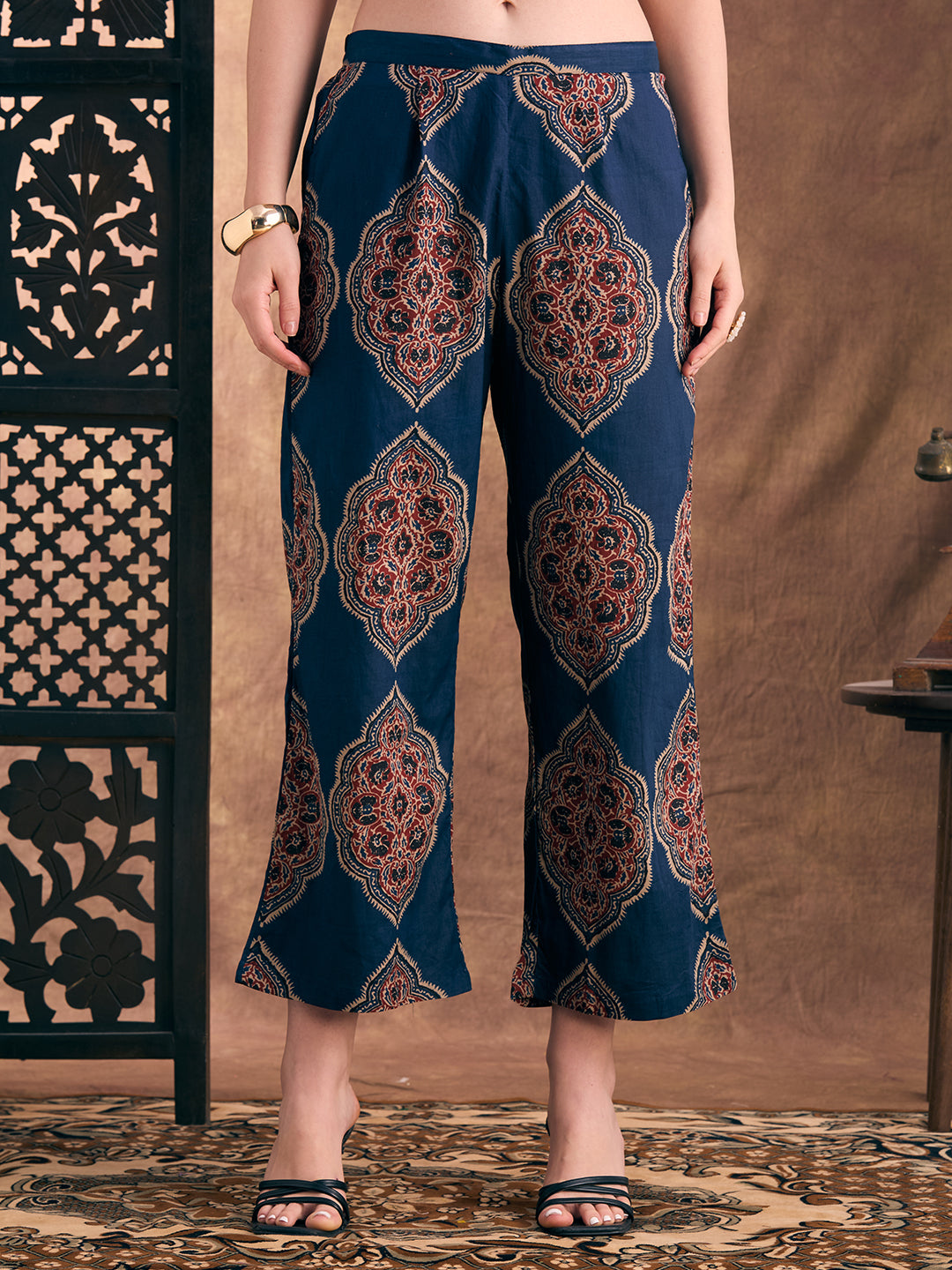 Ethnic Floral Printed A-Line Co-ord Set - Navy Blue