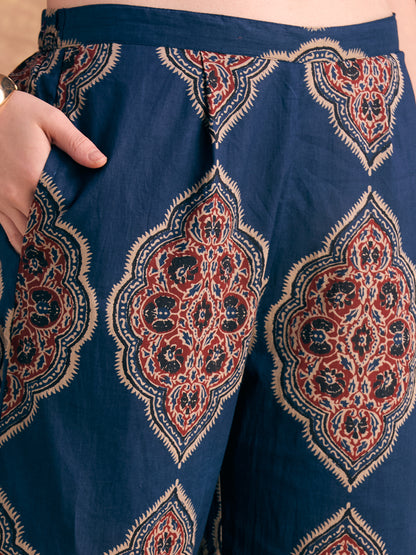 Ethnic Floral Printed A-Line Co-ord Set - Navy Blue