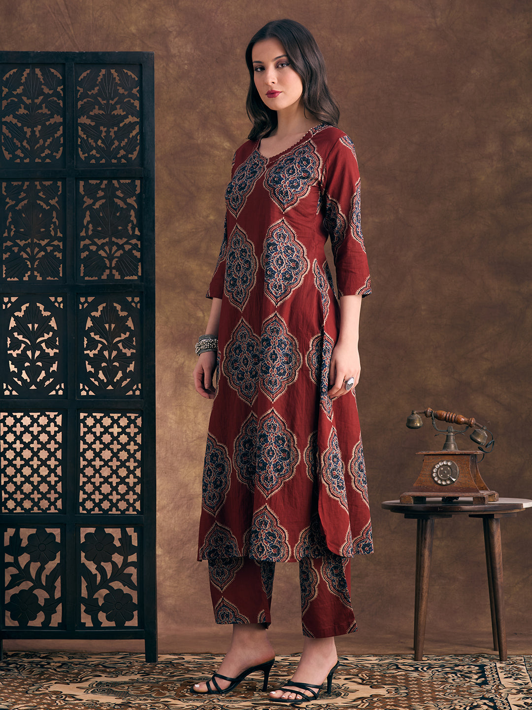 Ethnic Floral Printed A-Line Co-ord Set - Maroon