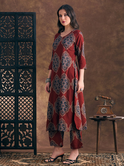 Ethnic Floral Printed A-Line Co-ord Set - Maroon