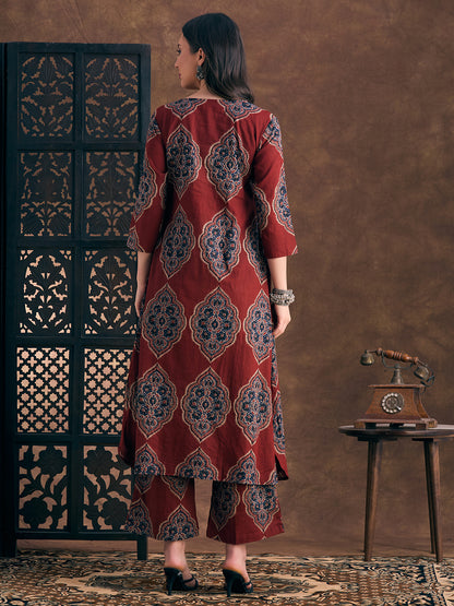 Ethnic Floral Printed A-Line Co-ord Set - Maroon