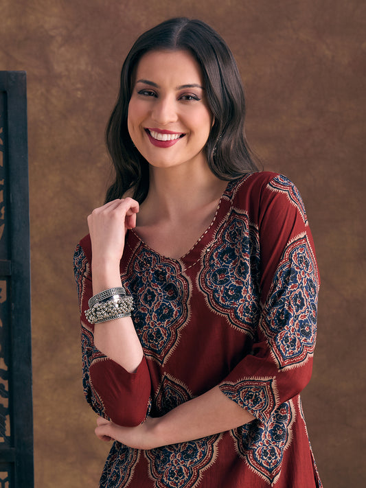 Ethnic Floral Printed A-Line Co-ord Set - Maroon