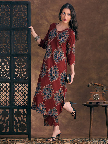 Ethnic Floral Printed A-Line Co-ord Set - Maroon