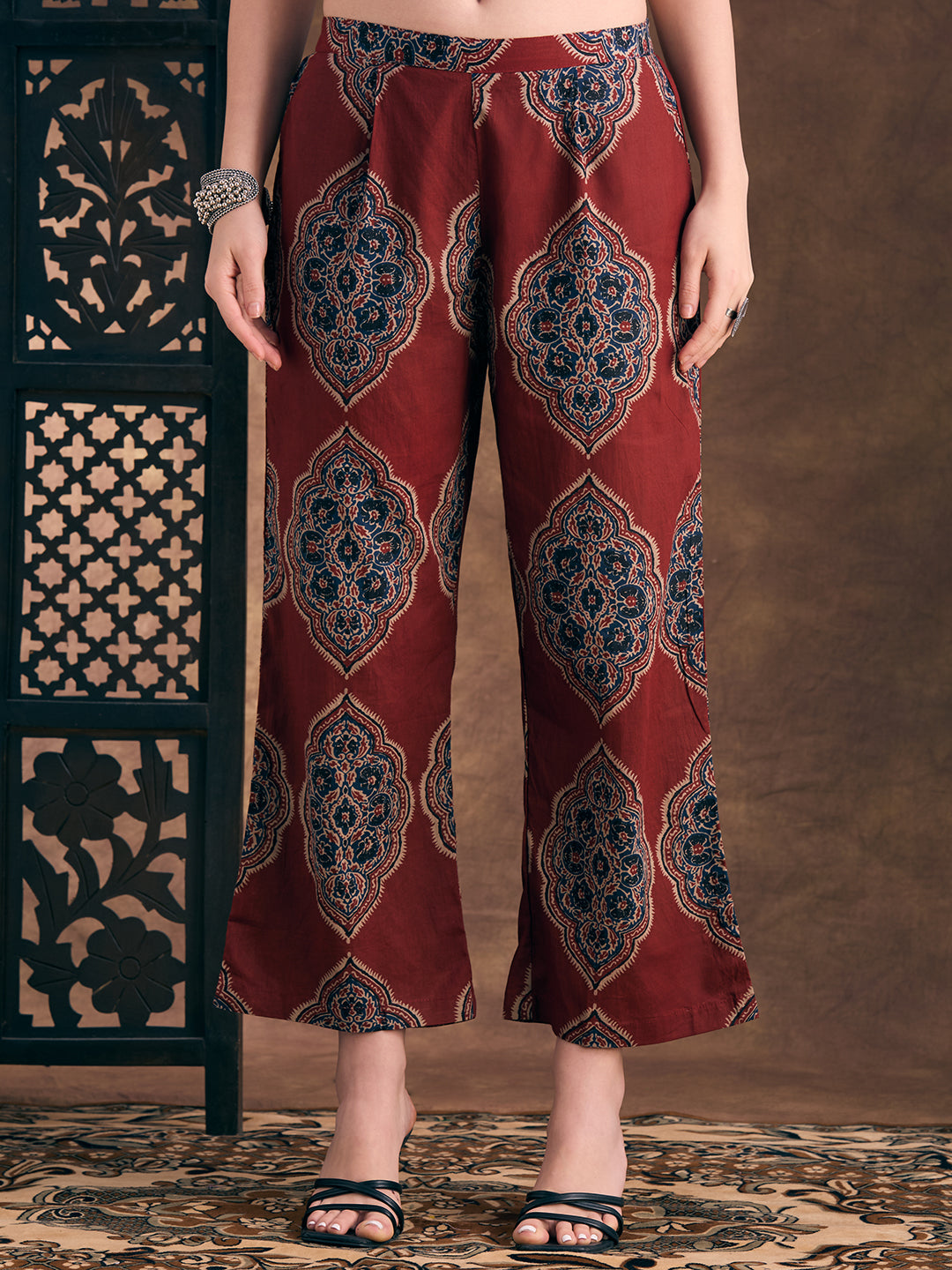 Ethnic Floral Printed A-Line Co-ord Set - Maroon