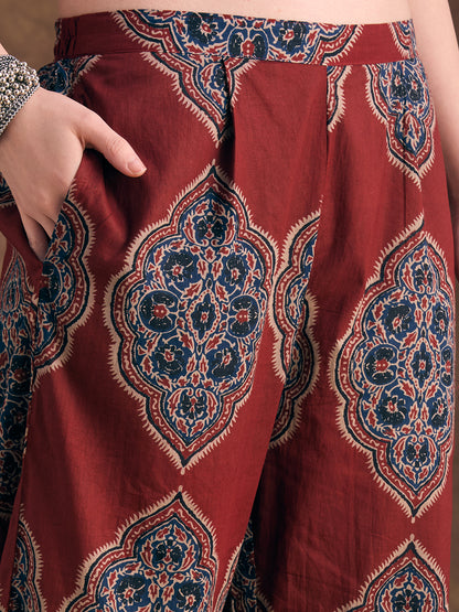 Ethnic Floral Printed A-Line Co-ord Set - Maroon