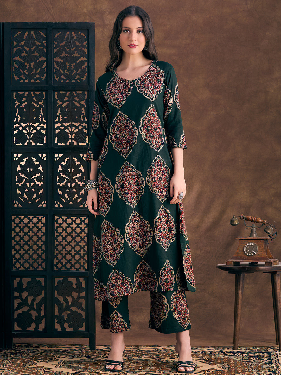 Ethnic Floral Printed A-Line Co-ord Set - Green