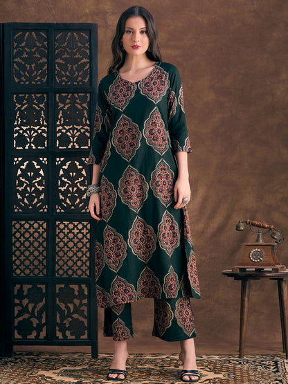 Ethnic Floral Printed A-Line Co-ord Set - Green