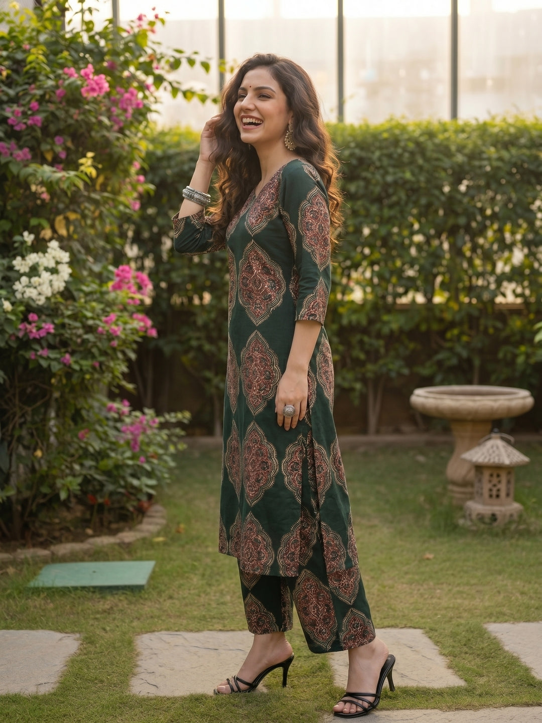 Ethnic Floral Printed A-Line Co-ord Set - Green