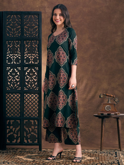 Ethnic Floral Printed A-Line Co-ord Set - Green