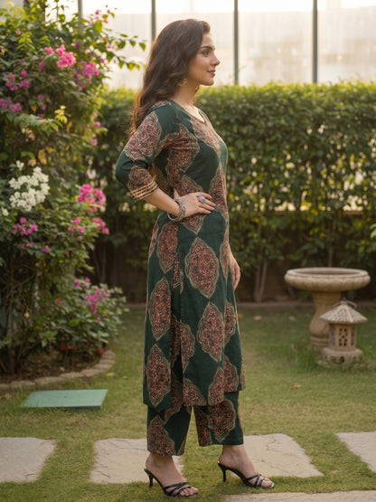 Ethnic Floral Printed A-Line Co-ord Set - Green