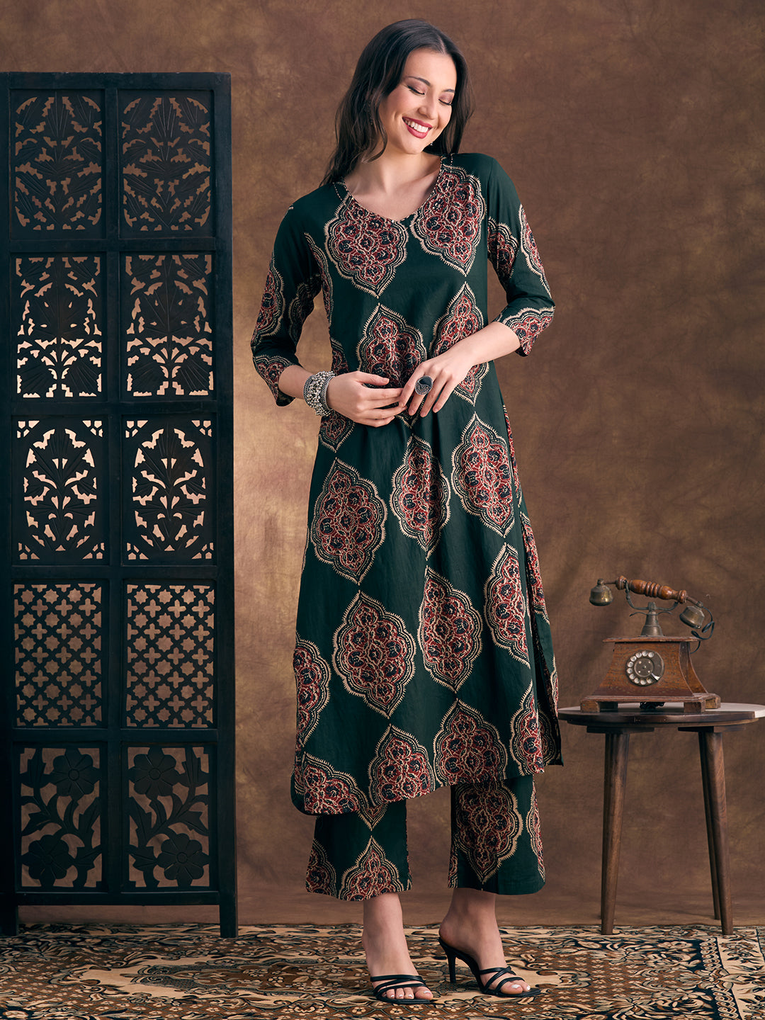 Ethnic Floral Printed A-Line Co-ord Set - Green