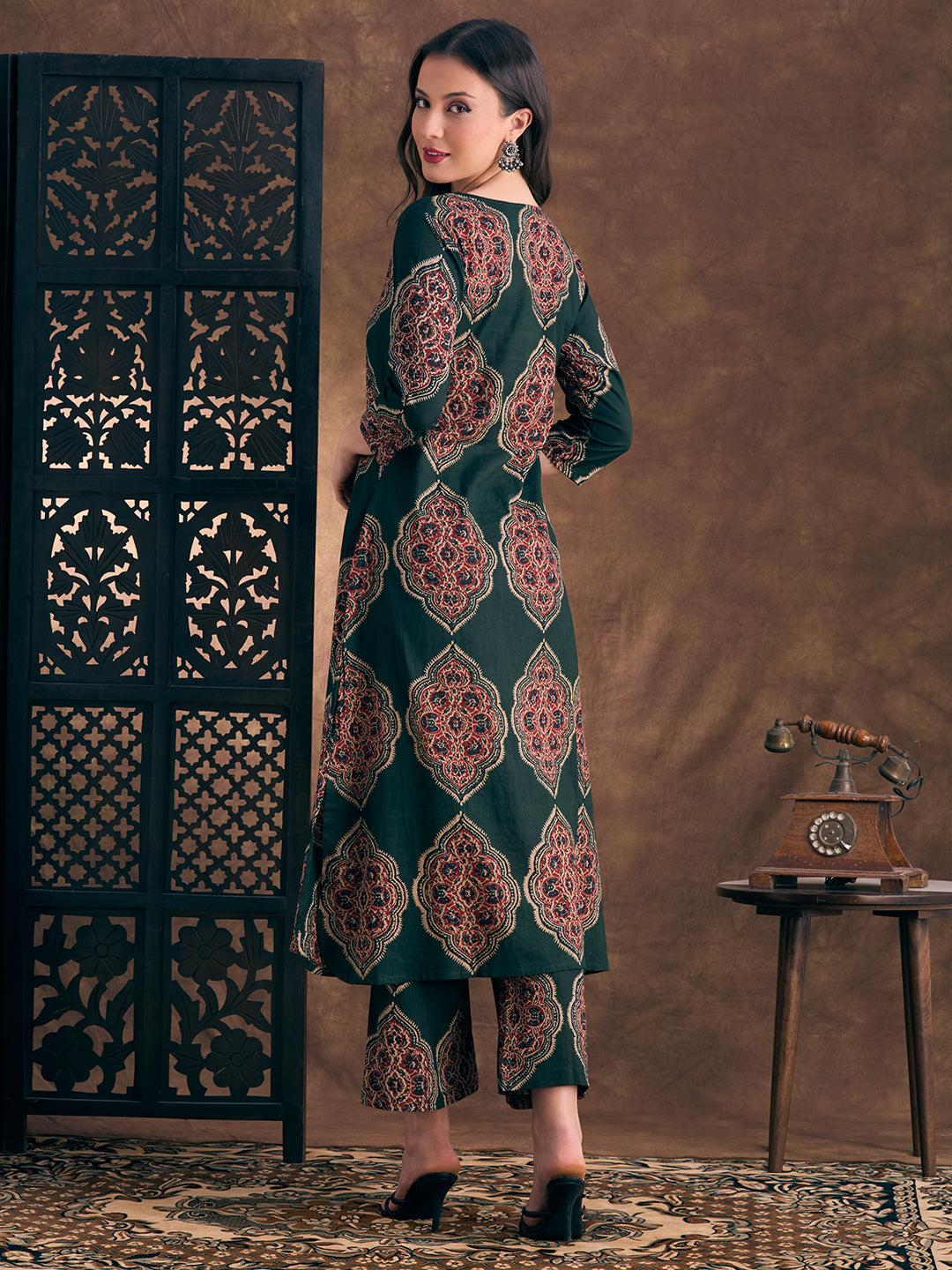 Ethnic Floral Printed A-Line Co-ord Set - Green