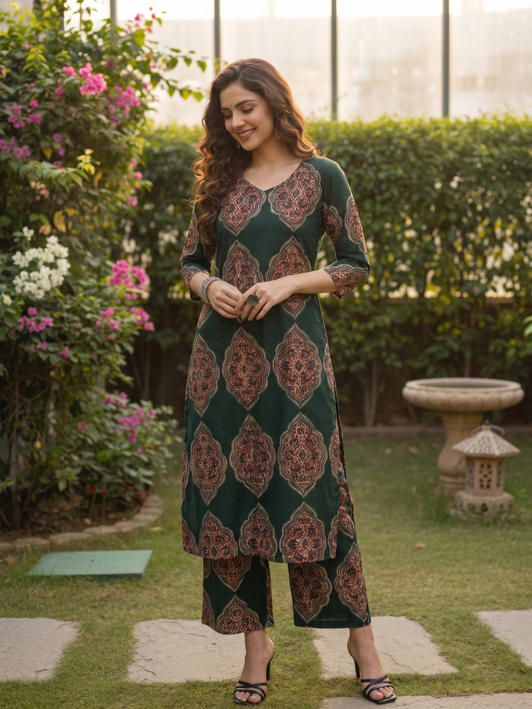 Ethnic Floral Printed A-Line Co-ord Set - Green