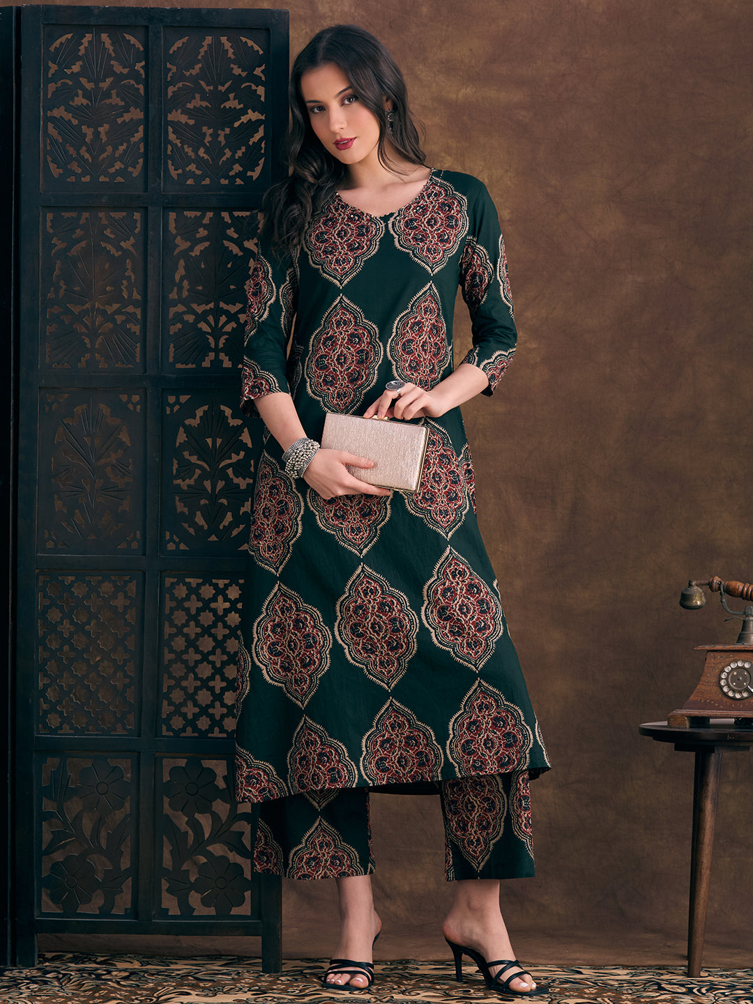 Ethnic Floral Printed A-Line Co-ord Set - Green