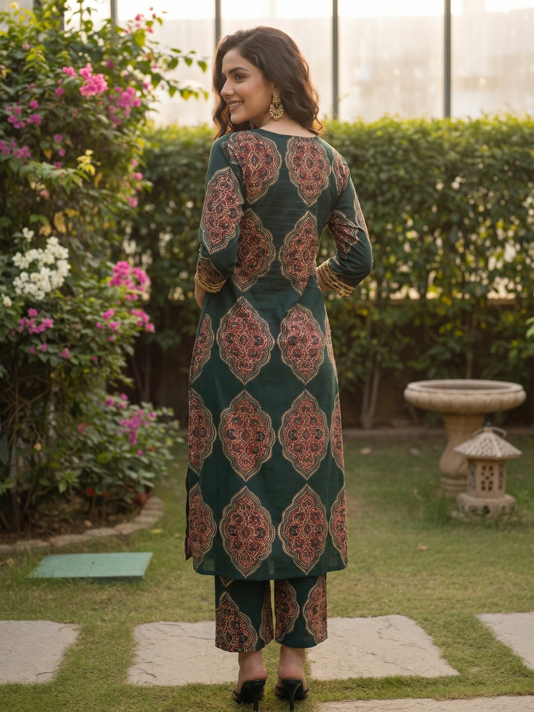 Ethnic Floral Printed A-Line Co-ord Set - Green