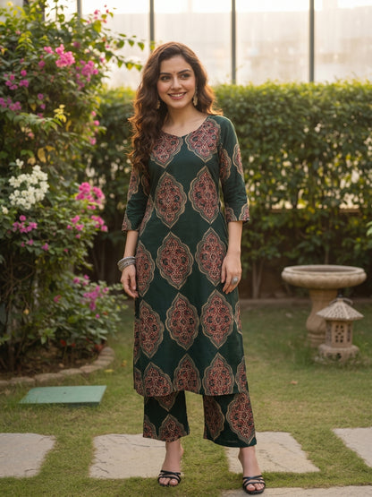 Ethnic Floral Printed A-Line Co-ord Set - Green