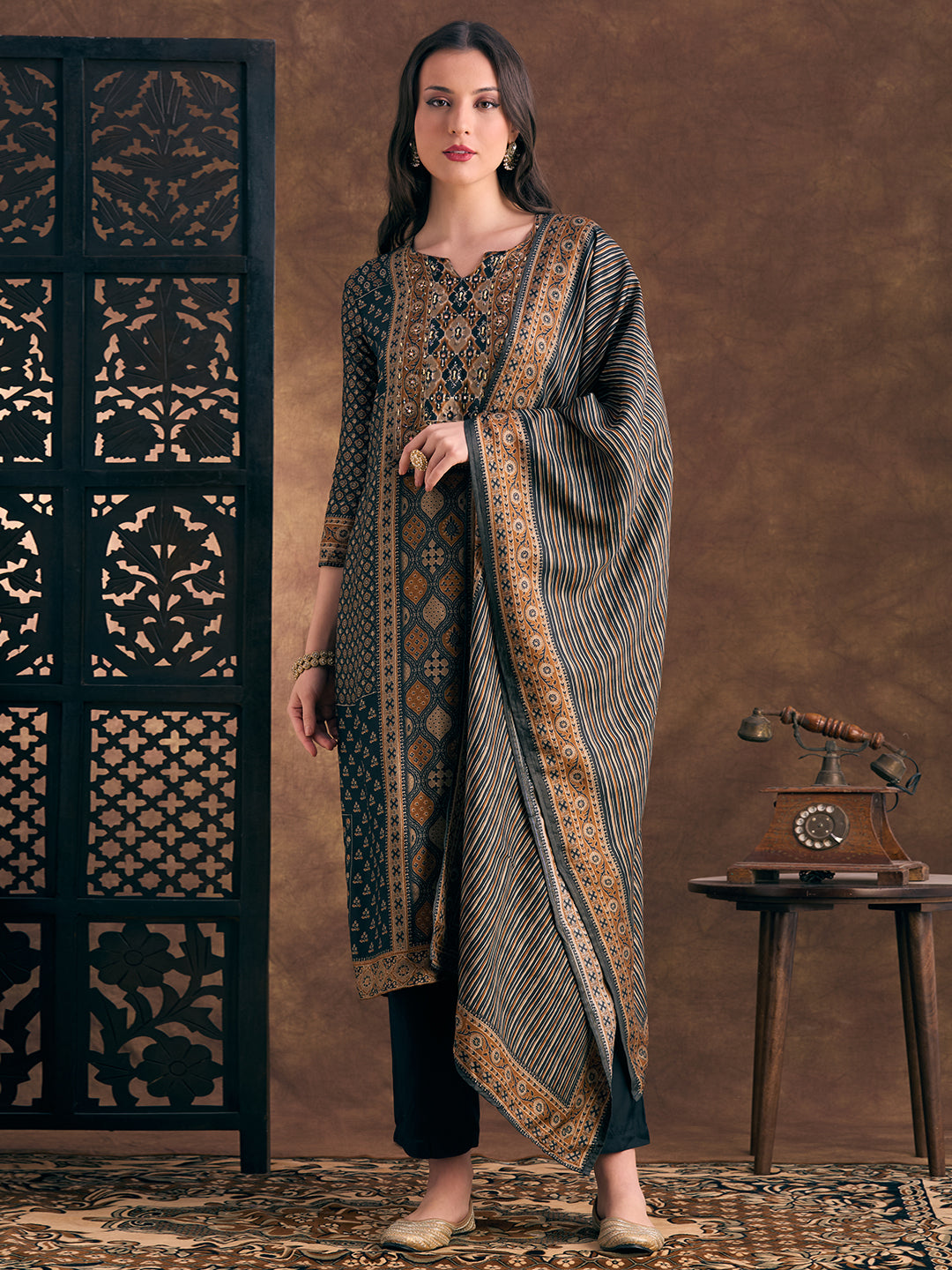 Ethnic Floral Printed Embroidered Straight Fit Kurta with Pant and Dupatta - Black