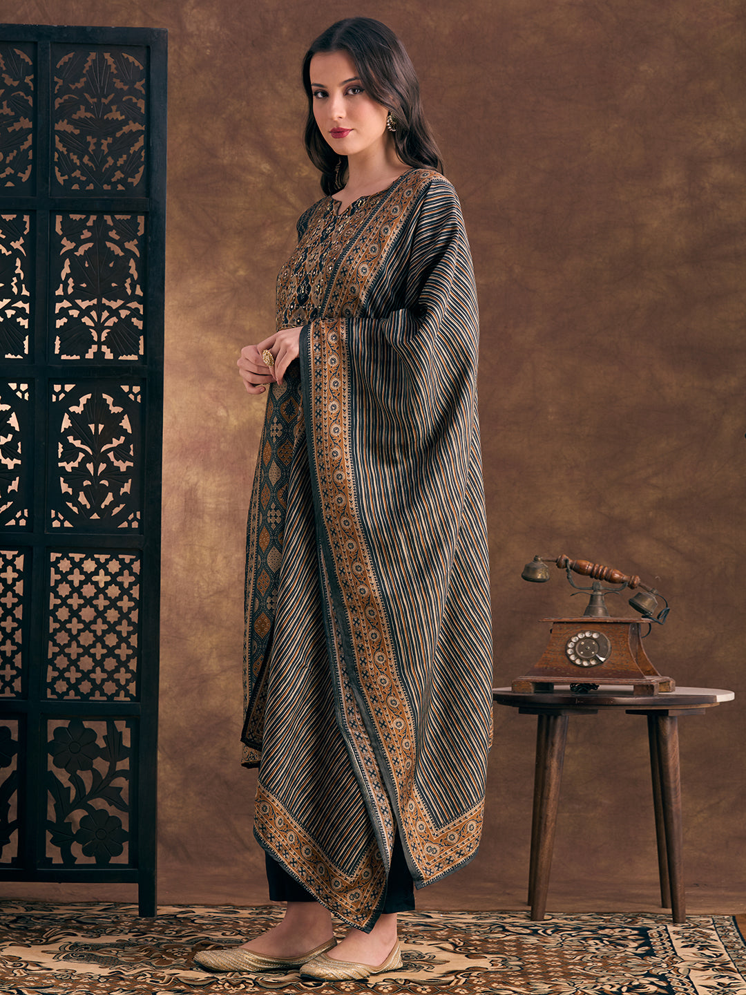 Ethnic Floral Printed Embroidered Straight Fit Kurta with Pant and Dupatta - Black