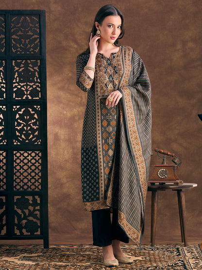 Ethnic Floral Printed Embroidered Straight Fit Kurta with Pant and Dupatta - Black