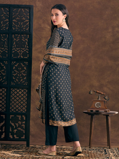 Ethnic Floral Printed Embroidered Straight Fit Kurta with Pant and Dupatta - Black